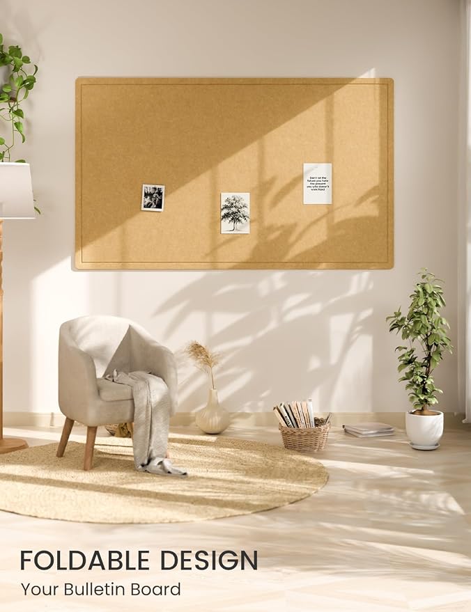 Fluxynara 59" x 35.4" Large Bulletin Board, Mustard Yellow | Cork Board Alternative with 24 Removable Adhesive Tabs, Foldable Felt Pin Board for Home, Office, Classroom & Dorm
