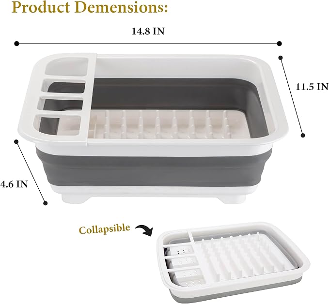 Kitchen Details Collapsible Dish Drying Rack | Space Saver | Aerated Bases Drain Holes | Plates, Bowls, Utensils Compartments | Countertop and Sink Storage | White/Grey