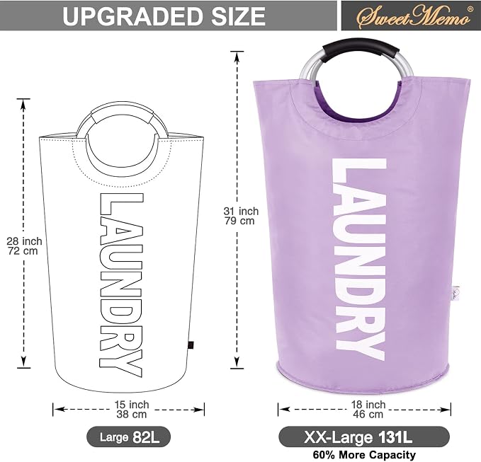 Extra Large Laundry Basket, Big Laundry Hamper Bag Handles, 130L Purple | Freestanding Tall Dirty Clothes Hamper, Collapsible and Portable Laundry Bin for Dorms and Bedrooms, Thick, Sturdy Fabric
