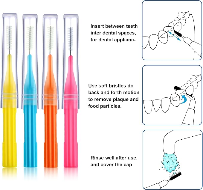Patelai 100 Count Interdental Brush Set, Soft Braces Cleaner Picks with Cap, Multi Size Teeth Gap Cleaning Tool for Orthodontic Care Bridge Implant Travel Kit(Light Blue,Pink,Yellow,Orange)