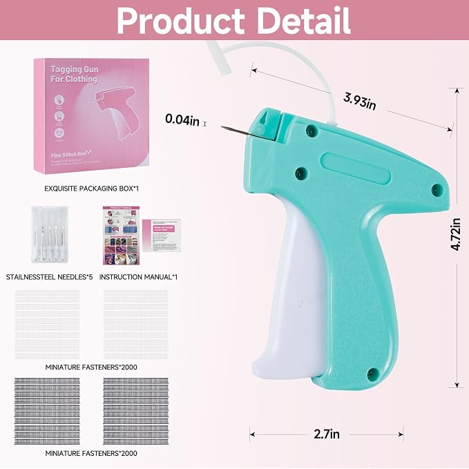 Aqua and White Mini Tagging Stitch Gun for Clothing- Tagging Gun Clothes Stapler Sewing Hemming Tool Stitching Gun with 6 Needles and 2000 Blackand 2000 White Fasteners