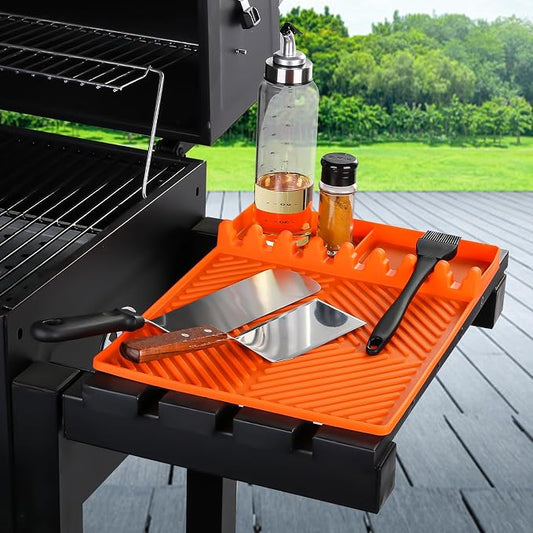 Silicone Tools Mat for Griddle Kitchen Cooking Baking Countertop-Side Shelf Spatula Mat with Drip Pad for Blackstone Weber Traeger Pit Boss Flat Top Grill Smoker- BBQ Accessories Gifts for Men(Orange)