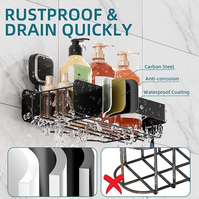 TAILI Shower Caddy Suction Cup Stainless Steel Rustproof Shower Shelves, No Drilling Wall Mounted Basket, Upgraded Removable Suction Cup Bathroom,Black 2pack