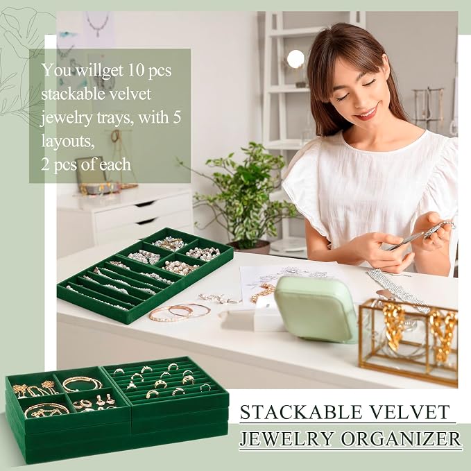 Cinnvoice Set of 10 Stackable Jewelry Organizer Trays for Drawer 14 Inch Velvet Jewelry Drawer Insert Display Storage with Removable Divider for Necklace Earring Ring Watch Bracelet (Dark Green)