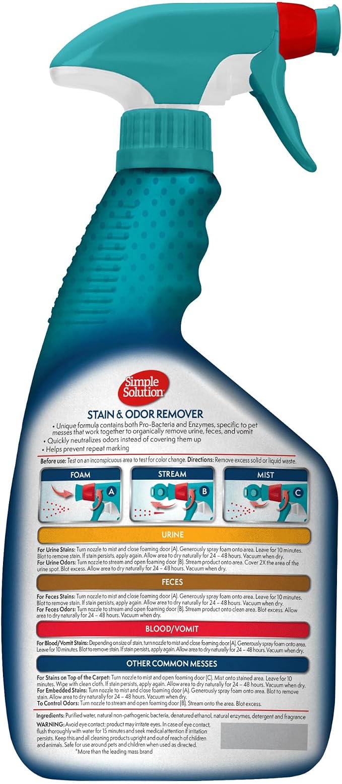 Simple Solution Extreme Stain & Odor Remover, Pee Cleaner, 32oz (Pack of 2) | Dog Stain & Odor Remover, Pet Urine Enzyme Cleaner, Dog Urine Carpet Cleaner, Pet Odor Eliminator, Carpet Stain Remover