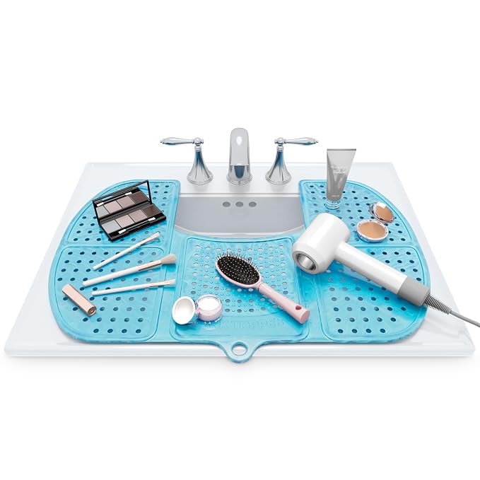 Sink Topper Bathroom Sink Cover for Counter Space, Large Blue | Holds up to 7 lb on a steel frame; fits over basins 19-23 in; 480°F silicone; foldable makeup mat; countertop extender