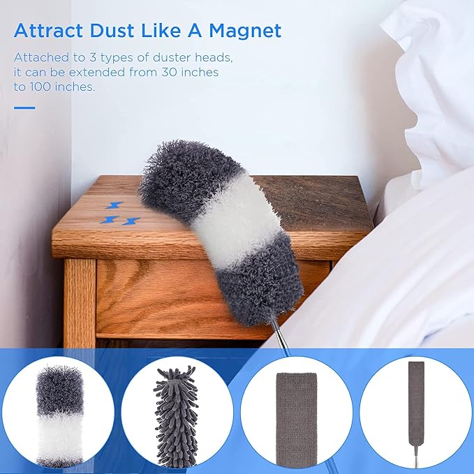 UIMO Microfiber Feather Duster Kit with Extension Pole (30–100") – Bendable Washable Heads, Extendable Dusters for Cleaning Ceiling Fan, High Ceiling, Blinds, Furniture & Cars (5 Pcs) | – Bendable Washable Heads, Extendable Dusters for Cleaning Ceiling...