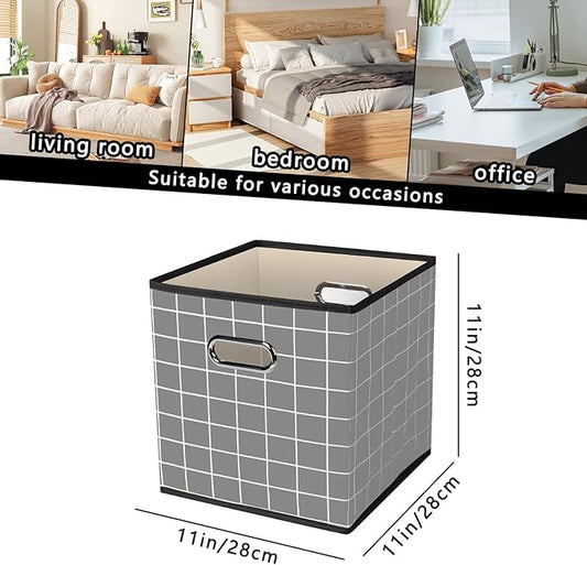 Yunkeeeper storage bins Cubes, Fabric Cube Organizer with Handle, Foldable Cube Bins for Cloth or Accessary Storage, 11x11x11, Set of 6, (Grey grid)