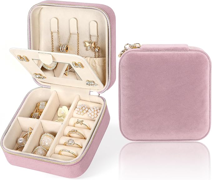 MFXIP Plush Velvet Travel Jewelry Case Small Jewelry Box Jewelry Organizer Storage Case Portable Jewelry Travel Case for Girls Womens Earring, Necklace, Rings,Bracelets with Mirror