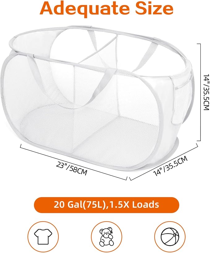 Durable Collapsible Foldable Mesh Pop Up Laundry Basket, 2 Compartments Easy to Carry & Sort Clothes Hampers for Home, Dorm, Travel White