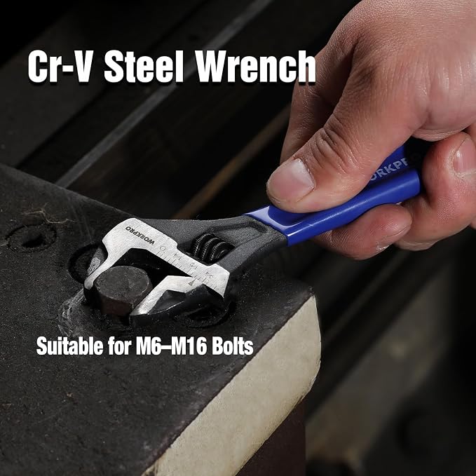 WORKPRO 6-Inch Compact Adjustable Wrench, Wide Jaw Cr-V steel Wrench | Black Oxide Finish, Metric & SAE Scales, Fits M6–M16 bolts for Home Repairs, Garage, DIY and Light Workshop Use.