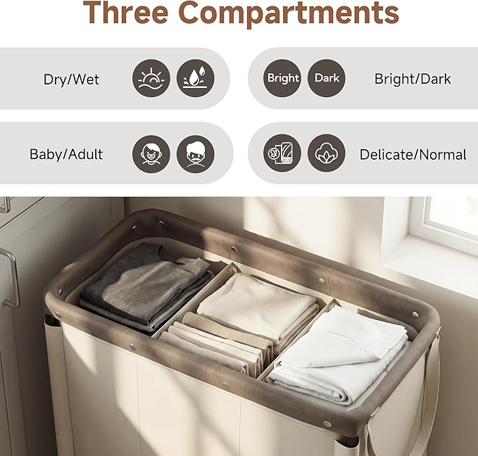 StorageWorks 3 Section Laundry Hamper, 120L Tan Sorter Cart with Wheels