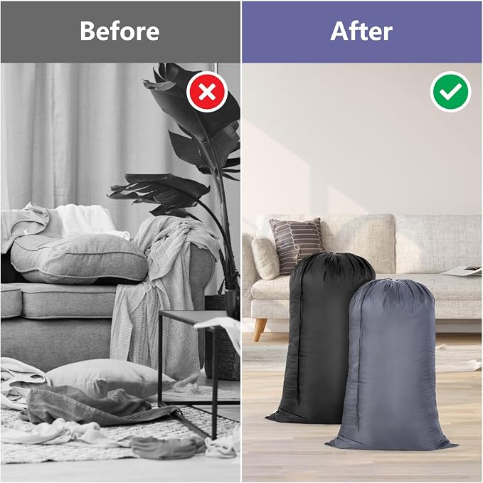 OTraki 2 Pack Large Laundry Bag 28x45 Inch Heavy Duty Laundry Wash Bag | Laundry Basket Liner Bags Hamper Bag Dirty Clothes Organizer with Drawstring Closure Drying Do Not Exceed 176℉, Grey&Black