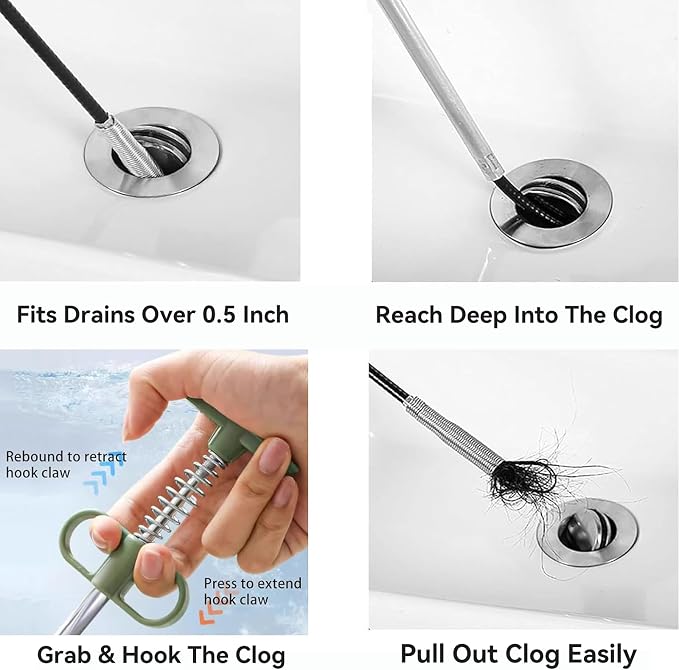 2-in-1 Drain Cleaning Tool Kit, 33" Flexible Drain Snake Clog Remover & 60" Drain Brush for Shower, Sink, Bathtub & Kitchen