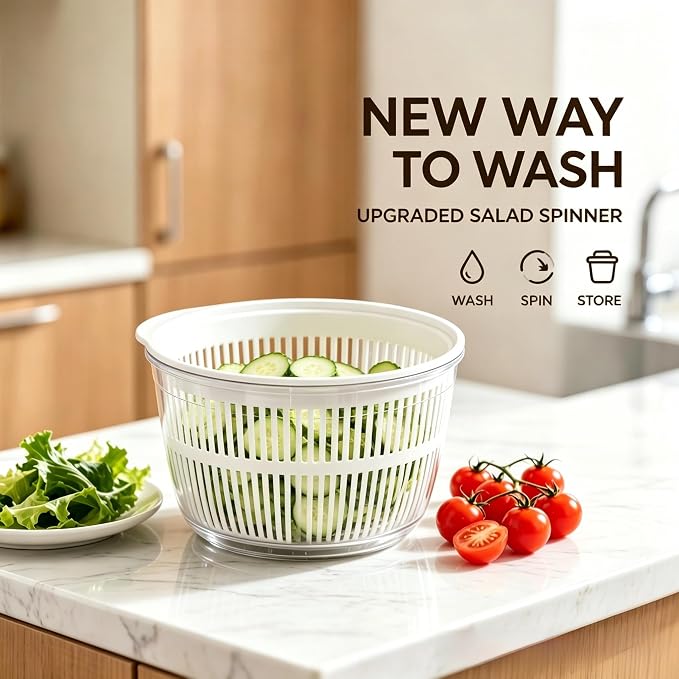 Manual Salad Spinner 5L Large, Rotary Handle Lettuce Spinner for Washing and Drying Salad Greens, Vegetable Washer and Fruit Dryer, 3-in-1 Colander & Serving Bowl | hand crank manual herb spinner salad tosser drainer bpa free kitchen gadgets healthy co...