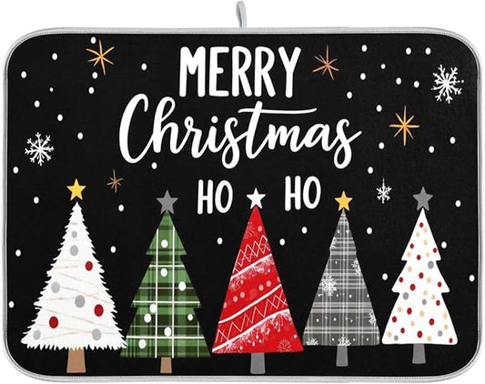 Christmas Tree Black Dish Drying Mat for Kitchen Countertop 16x18 Winter Snowflake White Xmas Small Drying Mat Reusable Quick Dry Dish Sink Mats Easy Clean Decorative Essentials