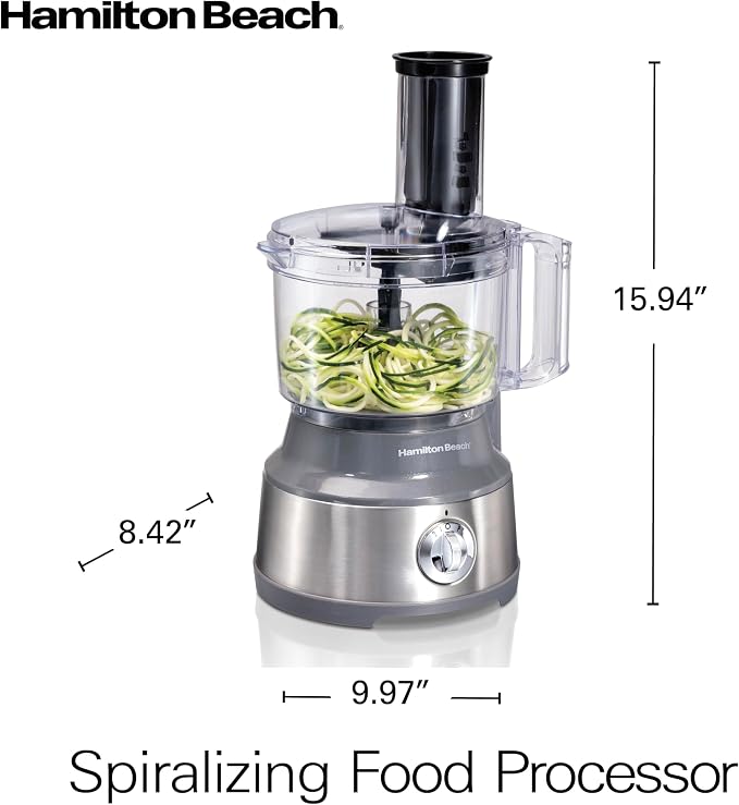 Hamilton Beach Food Processor & Vegetable Chopper for Slicing, Shredding, Mincing, and Puree, 10 Cups + Veggie Spiralizer makes Zoodles and Ribbons, Grey and Stainless Steel (70735) | For Slicing, Shredding, Mincing, and Puree | Veggie Spiralizer Attac...