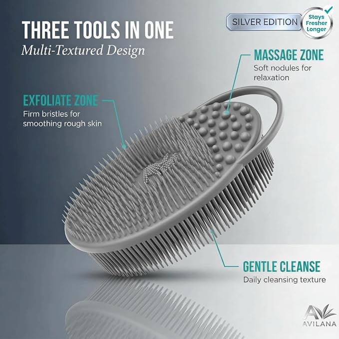 Avilana Silicone Body Scrubber for Shower – SGS Certified Food Grade Dual Sided Bath Brush, Gentle Exfoliating Silicone Loofah Alternative, Sensitive Skin Body Brush (Pink-Silver, Exfoliate)
