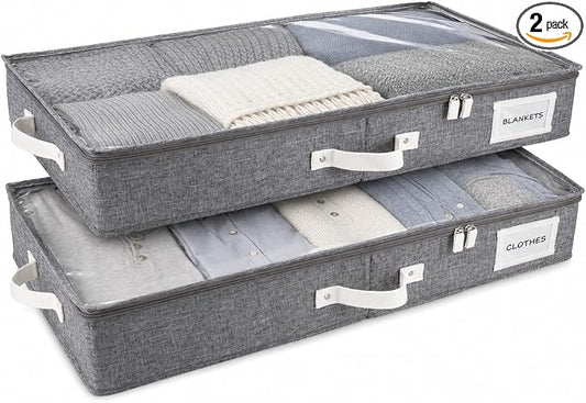 HOMELUX THEORY 2pc Low Profile Under Bed Storage Containers, Thin Under Couch Storage Organizer with Bins & Lids, Underbed Storage Box Ideal for Seasonal Clothes, Blankets, Fabric & Shoes (LightGray)