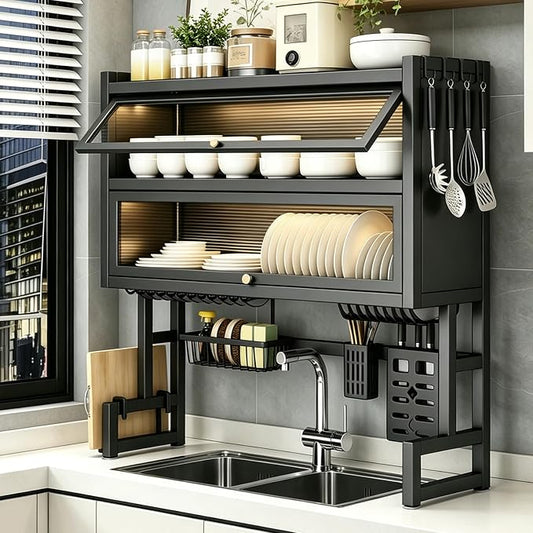 Over The Sink Dish Drying Rack, Piano Lacquer, Thickened Steel Pipe, Over Sink Dish Drying Rack, Over Sink Rack, for Dishes, Glasses, Bowls, Cutlery Black 37.4in (Large)