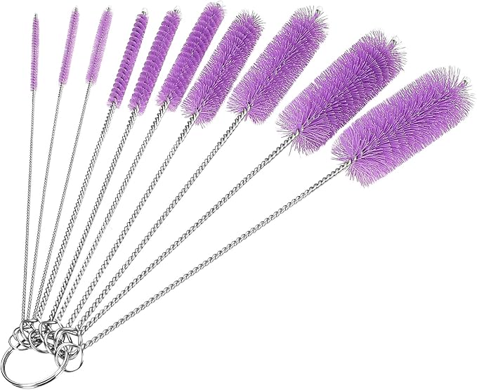 CiaraQ Bottle Cleaning Brushes, 8 Inch Nylon Tube Brush Set | Purple Cleaner for Narrow Neck Bottles Cups with Hook, Set of 10pcs.