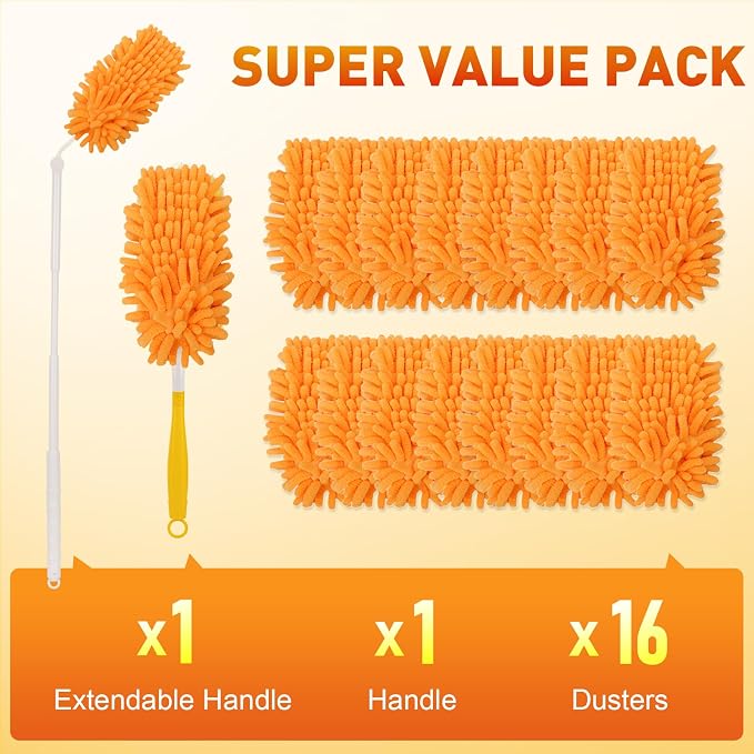 16Pcs Reusable Duster Refill Compatible with Swiffer Hand Duster +3FT Extended Handle +1 Handle, 360 Heavy Duty Duster Refills for Cleaning, Office, Ceiling Fan
