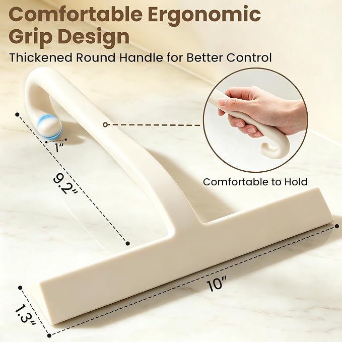 Shower Squeegee for Glass Doors - 10 Inch Bathroom Squeegee with Ergonomic Round Grip, Built-in Hook, Streak-Free No-Squeak Silicone Blade for Shower Glass, Tile Walls, Mirrors & Windows, White