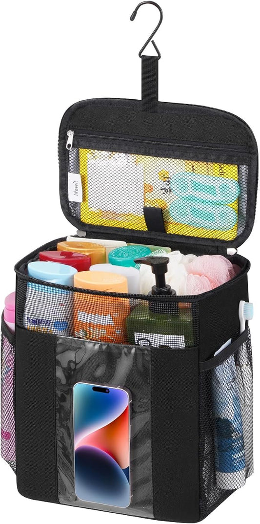 Lifewit Mesh Shower Caddy Bag Portable, Quick Dry Hanging Bathroom Organizer with PVC Phone Bag, College Dorm Room Essentials for Travel, Gym, Camping, Toiletry Tote for Women Men, Large, Black