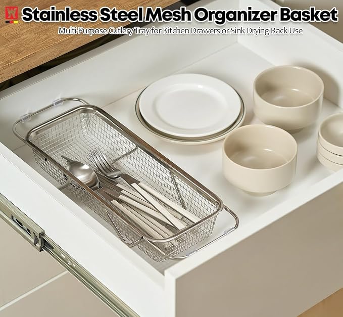 WAGENSTEIGER Extendable Dish Rack with Feet, Vegetable Colander Basket, Stainless Steel Dish or Silverware Drying Rack, Ultimate Kitchen Organizer Over the Sink (12.40 x 5.12 x 2.36 Inches)