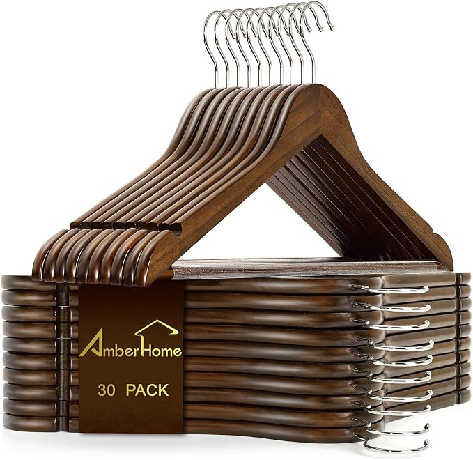 Amber Home 30 Pack Retro Wooden Coat Hangers, Vintage Wood Suit Hangers with Non-Slip Pant Bar, Clothes Hangers for Closet Organization, Shirts, Jackets, Dresses, and Pants (Retro, 30)