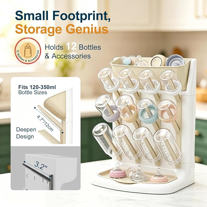 GoMaihe Baby Bottle Drying Rack: Space Saving Vertical Bottle Dryer Holder | Baby Accessories Storage Stand Organize Brushes Pacifiers on Countertop - BPA-Free - Beige