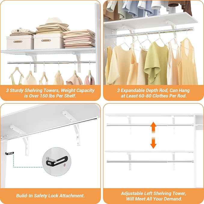 8FT Closet System with 3 Wooden Storage Shelves, 96'' Closet Organizer System with 3 Hanging Rods, Wall Mount Bedroom Wardrobe Walk-in Closet, Adjustable Garment Rack from 5 to 8FT (Cut to Fit), White