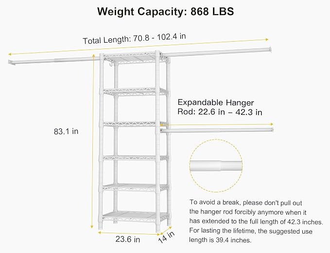 Ulif M5 Wall Mounted Clothes Garment Rack, Heavy Duty Closet Storage and Organizer with 6 Shelves and 3 Expandable Hanger Rods, Space Saver Suit (46.2-102.4)" W x 14" D x 83.1" H, White