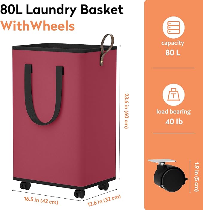 SpaceTrove Rolling Laundry Basket with Wheels, Laundry Hamper, 80L, Red | Collapsible, 4 detachable wheels including 2 with brakes, sturdy handle, metal frame, for dorms, bathrooms and bedrooms