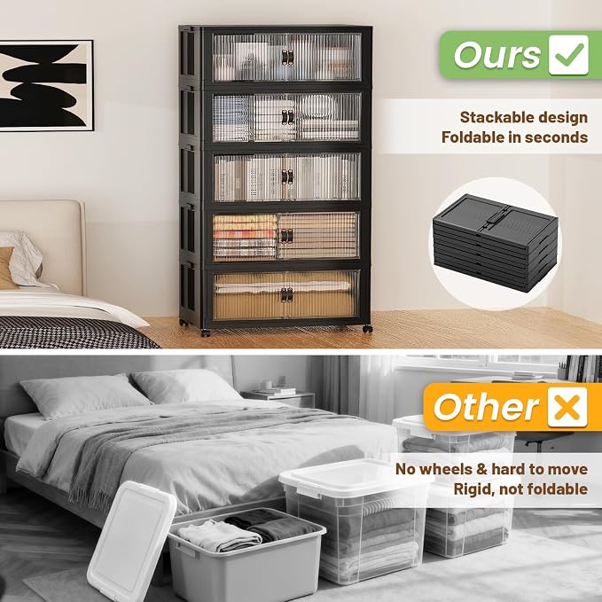 SAILUN 127Gal/508Qt Extra Large Stackable Storage Bins Folding Collapsible Storage Bins with a Lid, Closet Organizers Black 28" W x 17" D x 61" H
