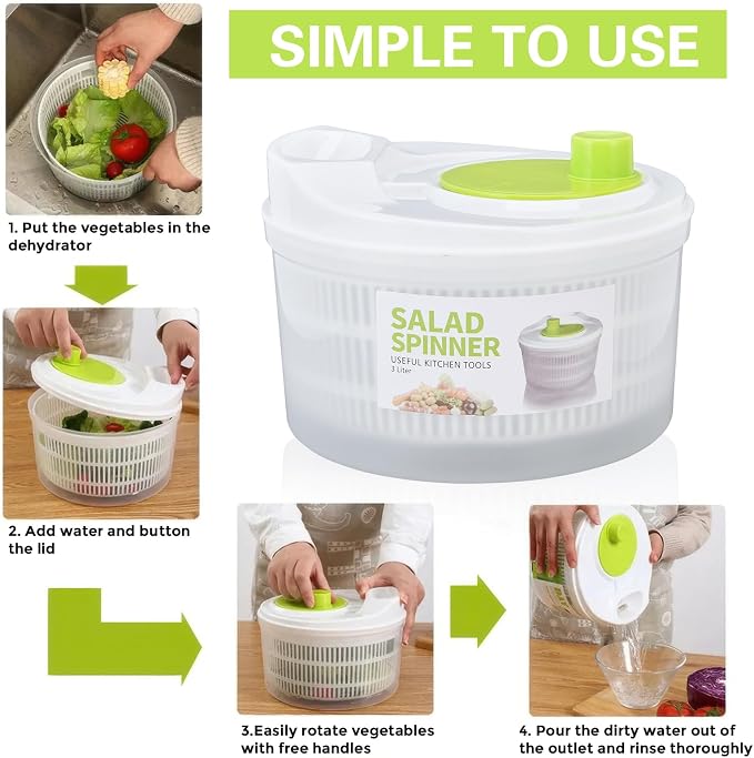3L Salad Spinner,Fydun Versatile Lettuce Dryer with Colander & Bowl, for Berries, Fruits, and Veggies, White & Green