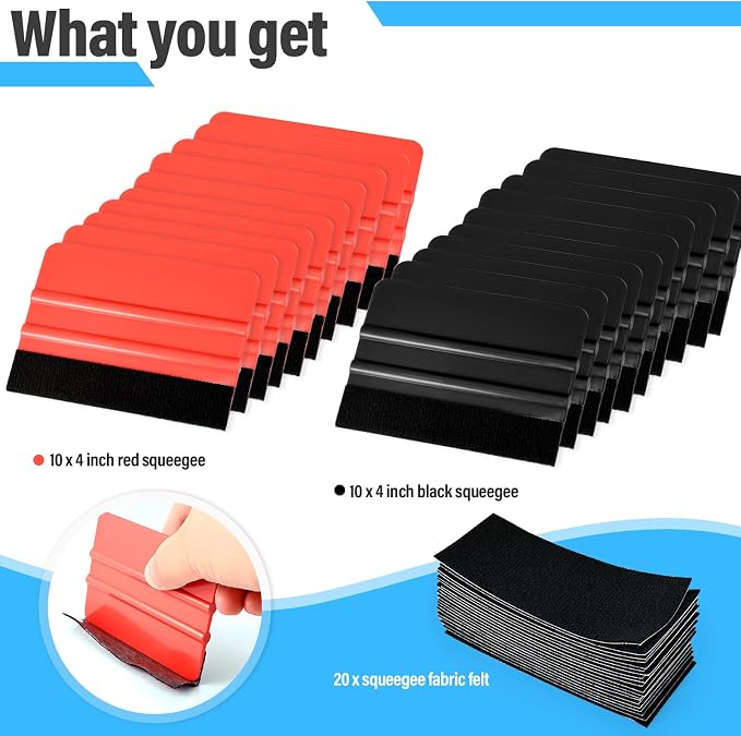 Gomake 20 Pack Vinyl Squeegee with 20PCS Felt Fabric for Tint Film Decal Application Tool Vinyl Wrap Installation Wallpaper Smooth Tool (Black and Red, 20)