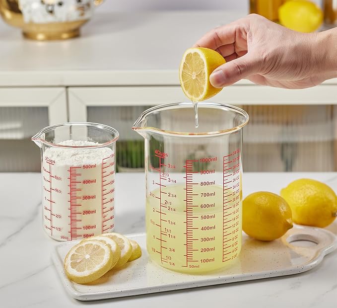High Borosilicate Glass Measuring Cup-V-Shaped Spout，Glass Measuring Beaker for Kitchen or Restaurant, Easy to Read, 1000 ML (32 Oz, 4Cup)