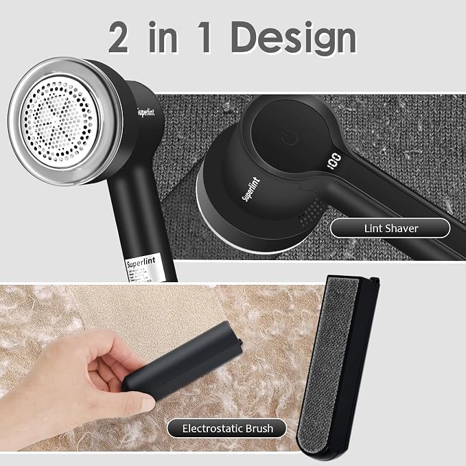 SuperLint 2-in-1 Rechargeable Fabric Shaver LED 3-Speed Lint Remover Black | Electrostatic Brush,2000mAh Battery,USB C Rechargeable,2-3H Long Runtime,auto-stop safety,6-Leaf Blade,2 replacement blades
