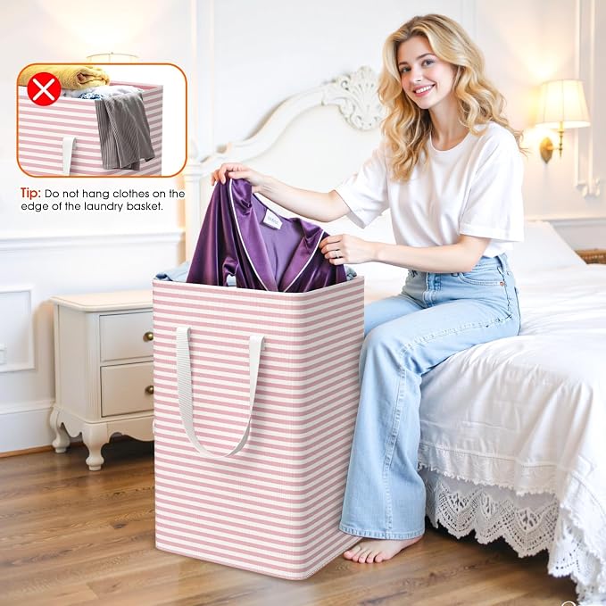 3 Pack Large Laundry Basket,Waterproof & Freestanding Laundry Hamper,Collapsible Clothes Hampers with Easy Carry Long & Reinforced Handles in Bathroom,College Dorm(125Lx3,Pink)