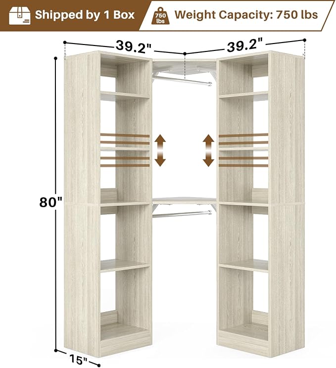 Besiost Corner Closet System with 12 Shelves, 39.2" Corner Closet Organizer System with 2 Hanging Rods, Versatile 6-Tier Walk-in Closets for Corner Space, White Oak (39.2" L x 39.2" W x 80" H)