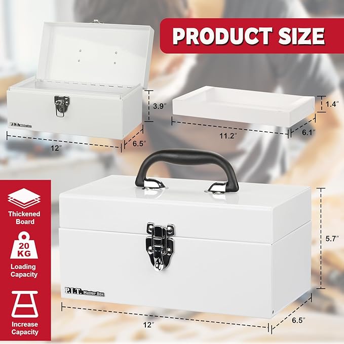 P.I.T. 12 Inch Tool Box,Portable Small Steel ToolBox with Metal Latch Closure for Household, Warehouse,Tools Storage,White