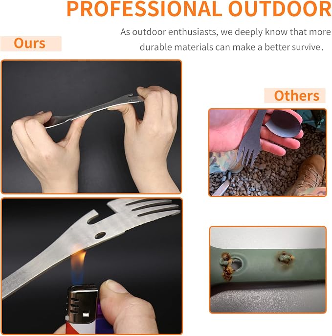 5-in-1 Utility Tactical Spork, Stainless Steel Spoon & Bottle Opener, Fork & Knife, Can Opener Combo Camping Utensil for Hiking, Camping or Backpacking (Matte Silver)