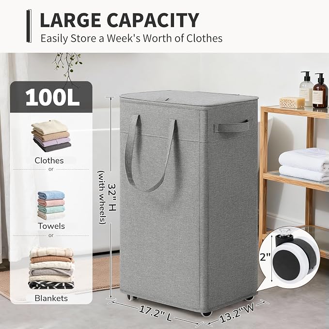 Goodpick 100L Large Rolling Laundry Basket with Wheels and Lid, Gray | 17.2 × 13.2 × 32 in, Removable Wash Bag, Collapsible Design, Clothes & Blanket Storage, Bedroom & Bathroom Organization