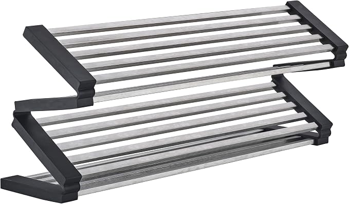 Foldable Over Sink Dish Drying Rack, 304 Stainless Steel Kitchen Drain Rack for Tableware, Detachable Silicone Edge, Rectangular Tubing (Brushed Nickel, 4 Fold 17.72" x 15.36")