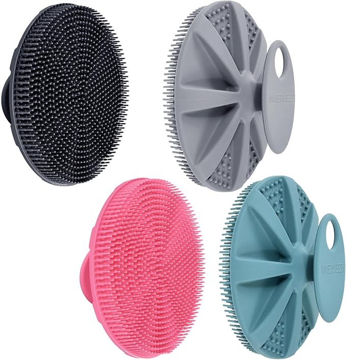 INNERNEED Food-Grade Soft Silicone Body Scrubber Shower Brush Handheld Cleansing Skin Brush, Gentle Exfoliating and Lather Well (Pack of 4)