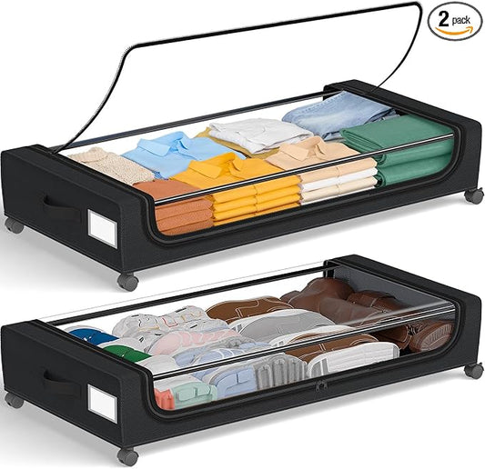 GoMaihe Under Bed Storage with Wheels: 70L Underbed Storage Containers with Clear Lids - Rolling Drawers & Bins for Shoes Clothes in Dorm Bedroom - Space-Saving Easy Pull-out Black 2-Pack