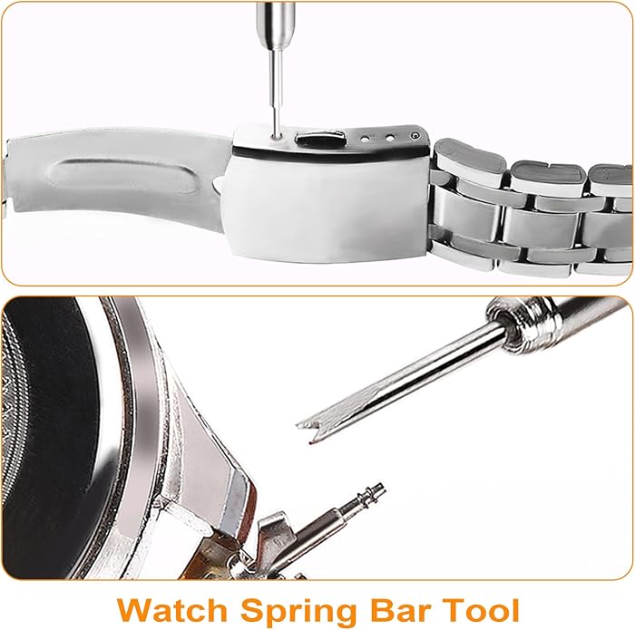Watch Link Removal Kit，Professional Pin Remover and Band Adjuster | Resizing Tool And Repair Set for Bracelet Adjustment & Replacement with 6 Extra Pins，1 double-head hammer and 1 spring bar