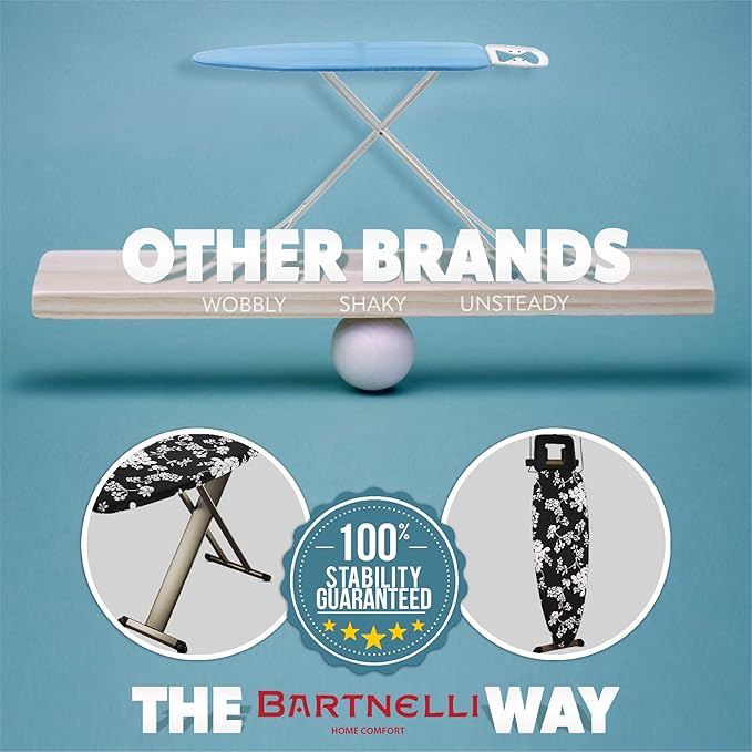 Bartnelli Pro Luxury Ironing Board - Extra Wide 51x19” with Heavy Duty Steam Iron Rest, and Wheels for Easy Storage, Adjustable Height, T-Leg, Foldable, European Made