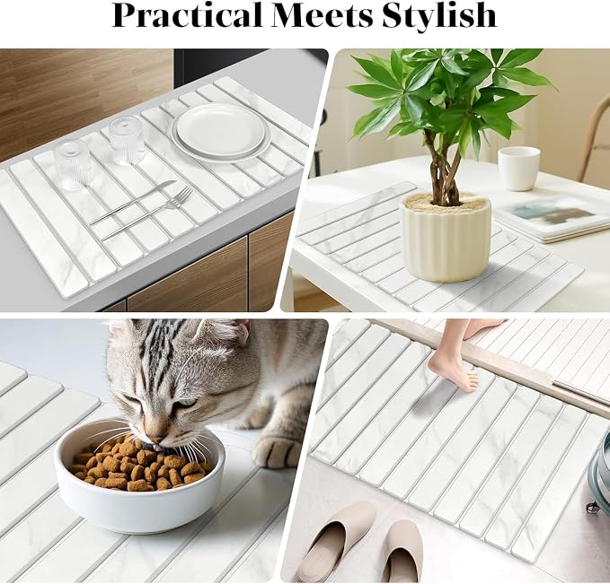 2 PCS Large Stone Dish Drying Mat for Kitchen Counter, 28"×16" Marble Dish Drying Mat with 8"x 4" Coasters, Non - Slip Collapsible Absorbent Mat for Multi - Purpose, Match Any Countertop【White】